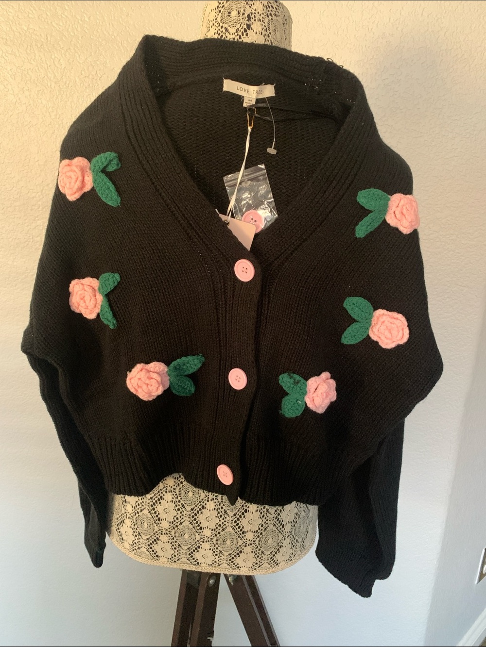 Love Tree Black Cardigan with Pink Rose Appliqués